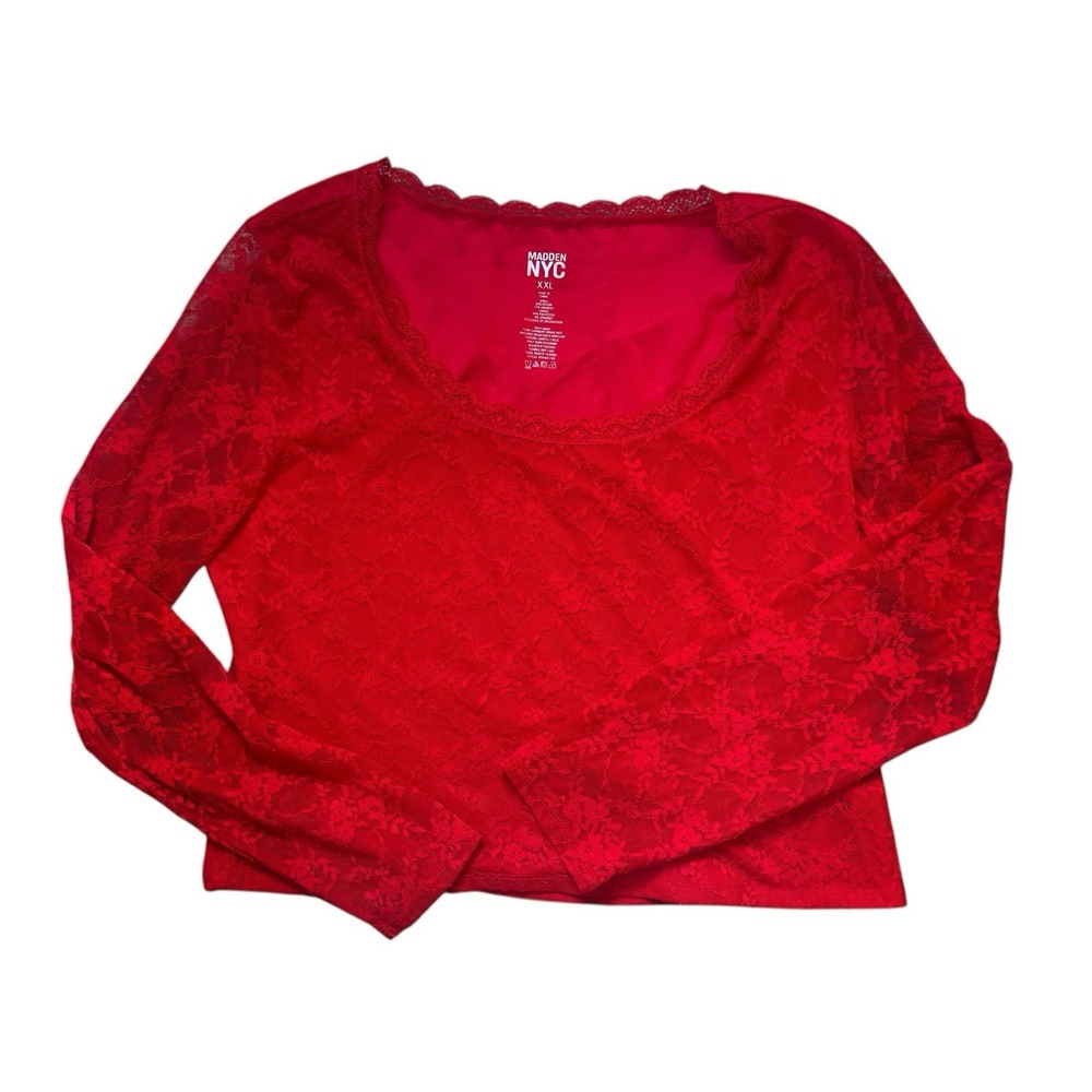 Madden NYC Lace Red Crop Top Long Sheer Sleeves‎ 2XL